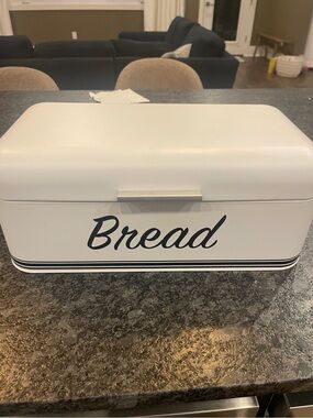 Kirklands White Bread Box with Black Script and Accent Stripes